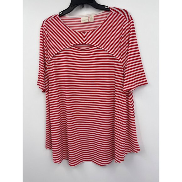 Chico's Stretch Striped Key Hole Short Sleeve Top Red White Sz 2 (12) Large - Picture 3 of 6